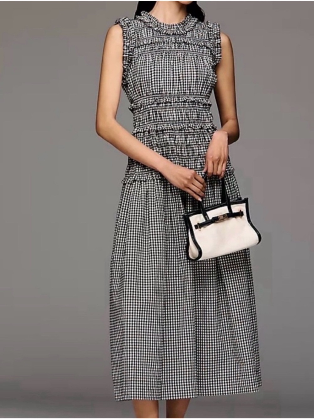 Caroline Constas Gingham Black White Plaid Smocked Ruffled Maxi Dress Size Small